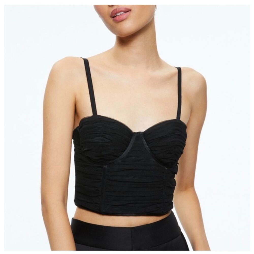 alice + olivia Damia Ruched Bustier Crop Top in Black, Size 8